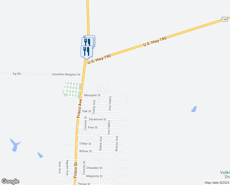 map of restaurants, bars, coffee shops, grocery stores, and more near 507 Mesquite Street in Menard