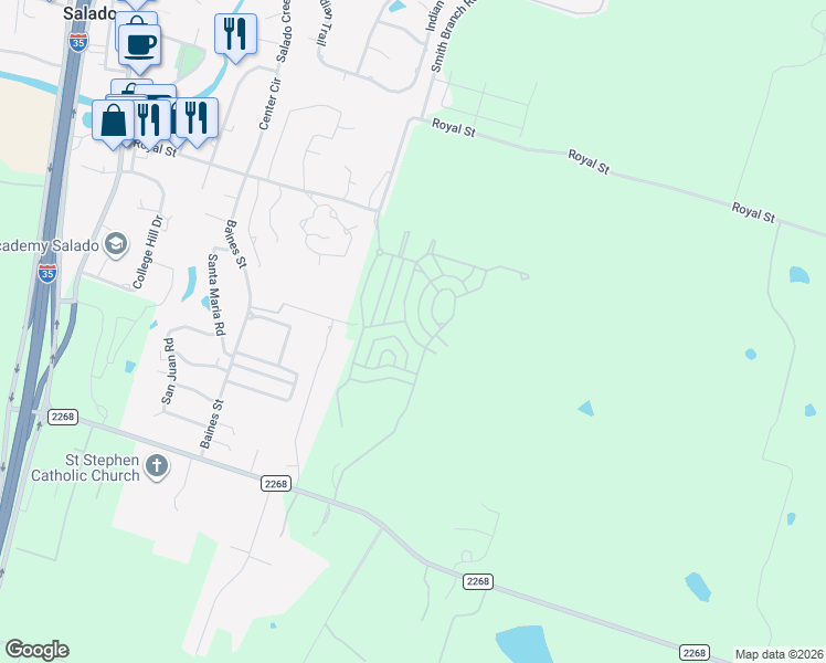 map of restaurants, bars, coffee shops, grocery stores, and more near Private Drive in Salado