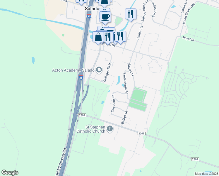 map of restaurants, bars, coffee shops, grocery stores, and more near 655 College Hill Drive in Salado