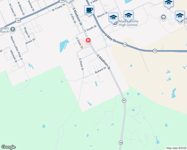 map of restaurants, bars, coffee shops, grocery stores, and more near 405 Bullard Street in Madisonville