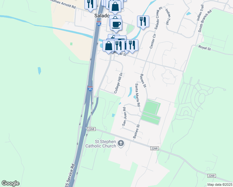 map of restaurants, bars, coffee shops, grocery stores, and more near 655 College Hill Drive in Salado