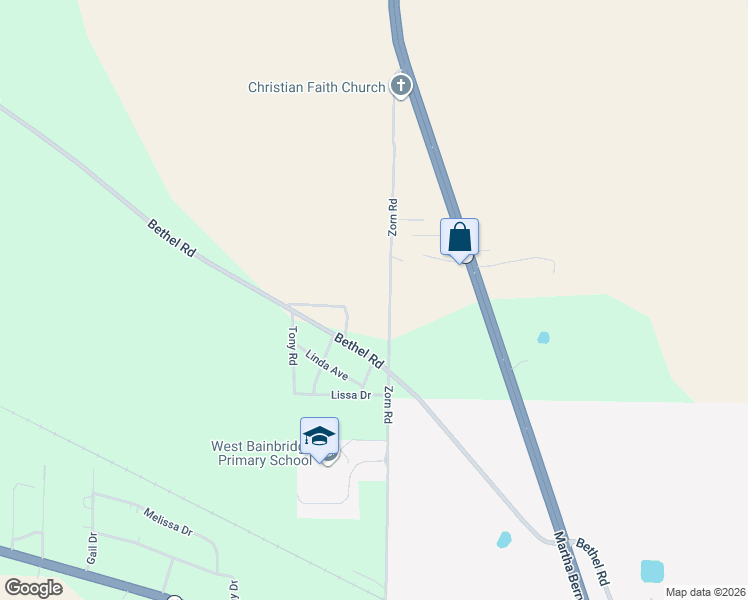 map of restaurants, bars, coffee shops, grocery stores, and more near 1035 Zorn Road in Bainbridge