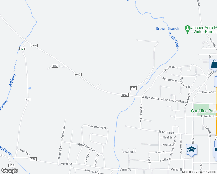 map of restaurants, bars, coffee shops, grocery stores, and more near 668 West Rev Martin Luther King Junior Boulevard in Jasper