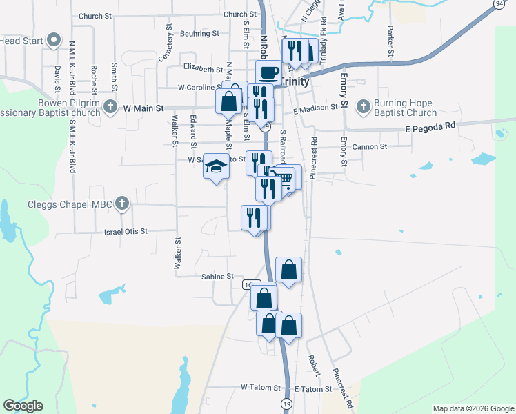 map of restaurants, bars, coffee shops, grocery stores, and more near 718 South Robb Street in Trinity
