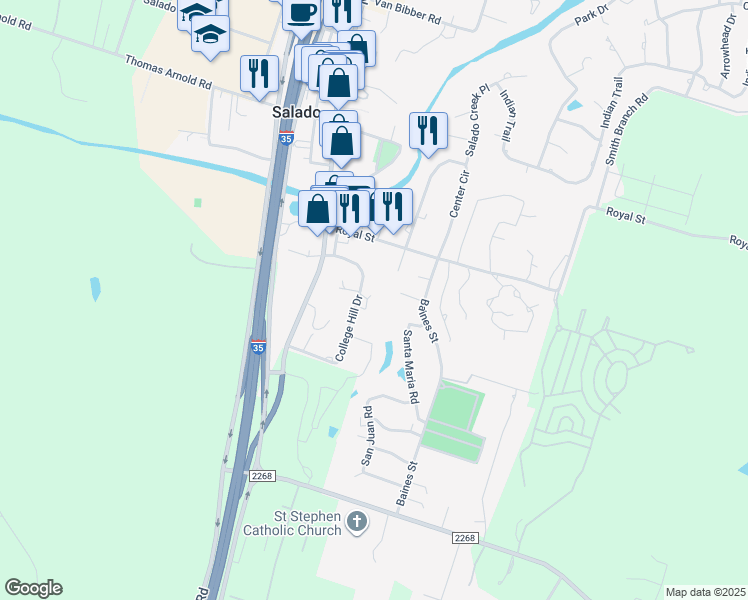 map of restaurants, bars, coffee shops, grocery stores, and more near 375 College Hill Drive in Salado