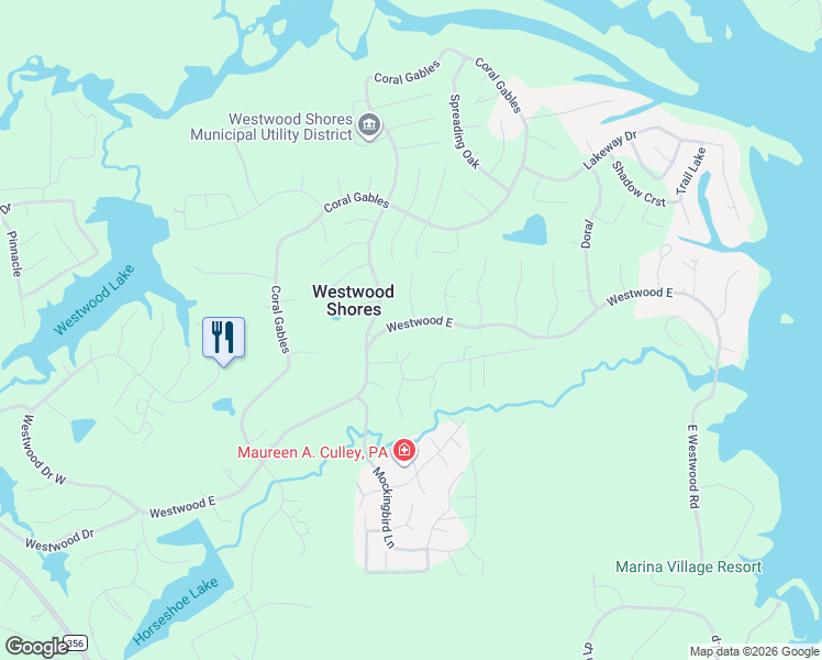 map of restaurants, bars, coffee shops, grocery stores, and more near 102 Westwood Drive East in Trinity