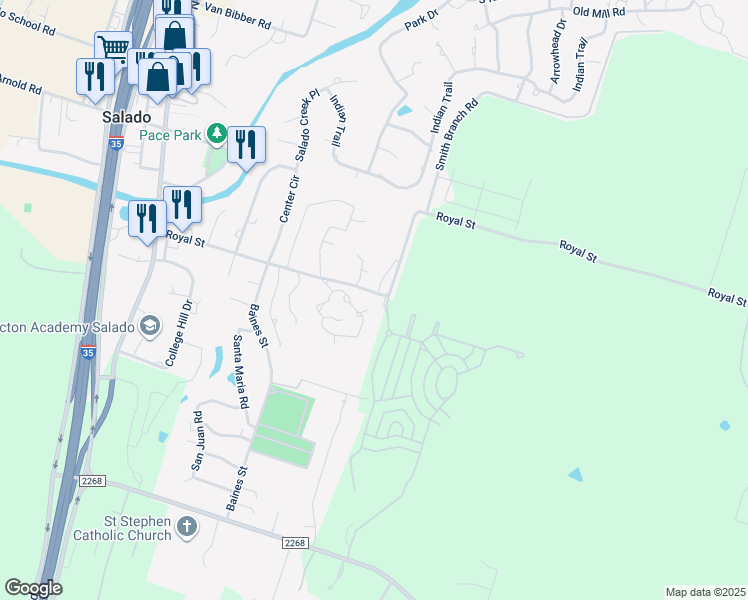 map of restaurants, bars, coffee shops, grocery stores, and more near 709 Royal Street in Salado
