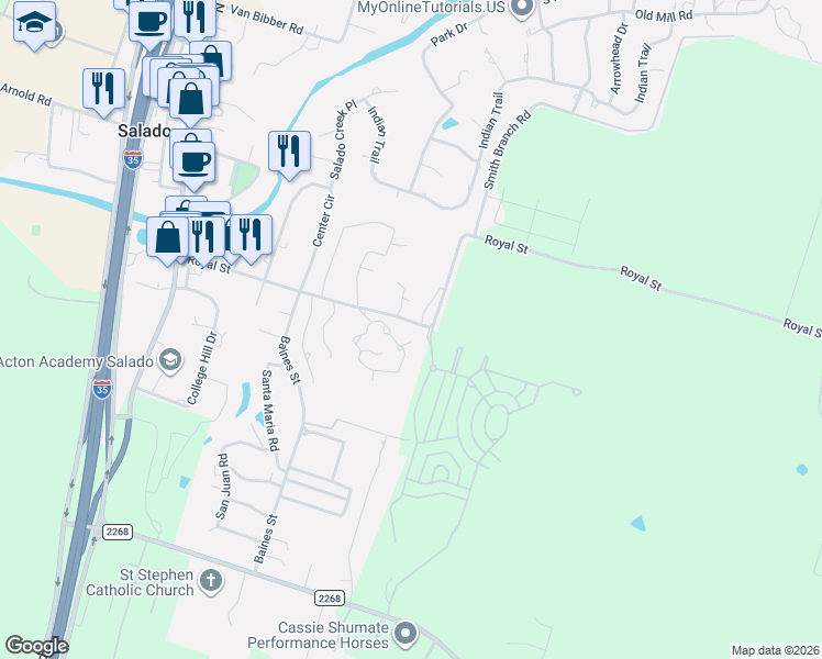 map of restaurants, bars, coffee shops, grocery stores, and more near 709 Royal Street in Salado
