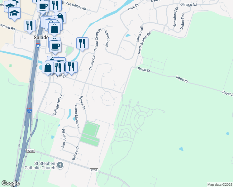 map of restaurants, bars, coffee shops, grocery stores, and more near 709 Royal Street in Salado