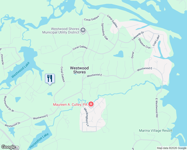 map of restaurants, bars, coffee shops, grocery stores, and more near 102 Westwood Drive East in Trinity