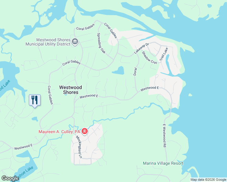 map of restaurants, bars, coffee shops, grocery stores, and more near 125 Westwood Drive East in Trinity