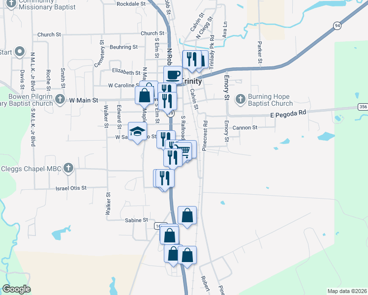 map of restaurants, bars, coffee shops, grocery stores, and more near 105 E San Jacinto Street in Trinity