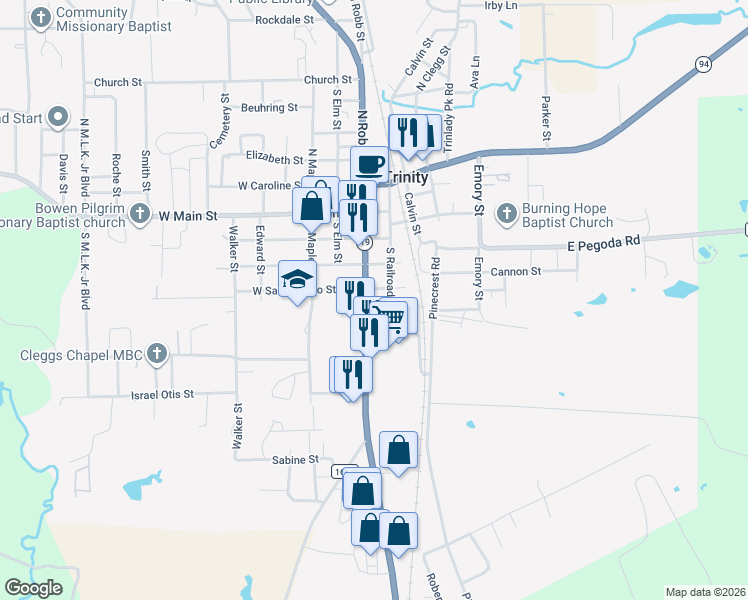map of restaurants, bars, coffee shops, grocery stores, and more near 105 E San Jacinto Street in Trinity
