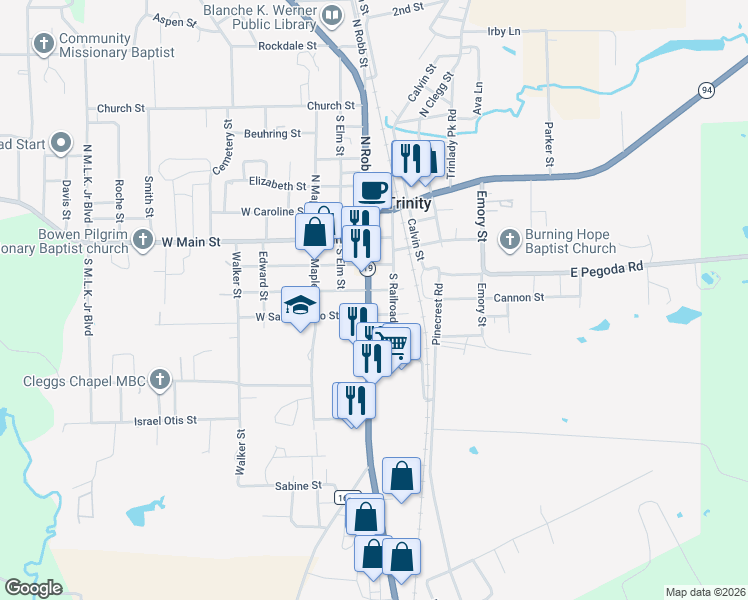 map of restaurants, bars, coffee shops, grocery stores, and more near 102 South Railroad Street in Trinity