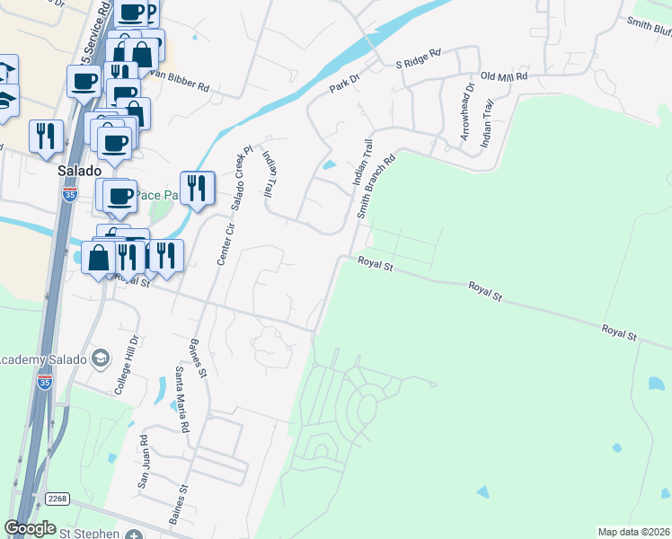 map of restaurants, bars, coffee shops, grocery stores, and more near 1121 Royal Street in Salado