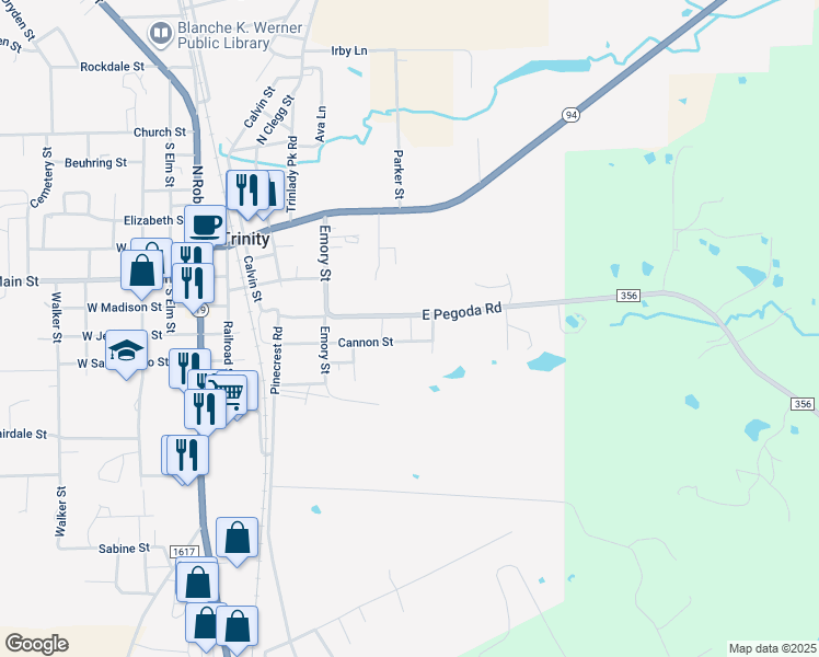 map of restaurants, bars, coffee shops, grocery stores, and more near 219 East Pegoda Road in Trinity