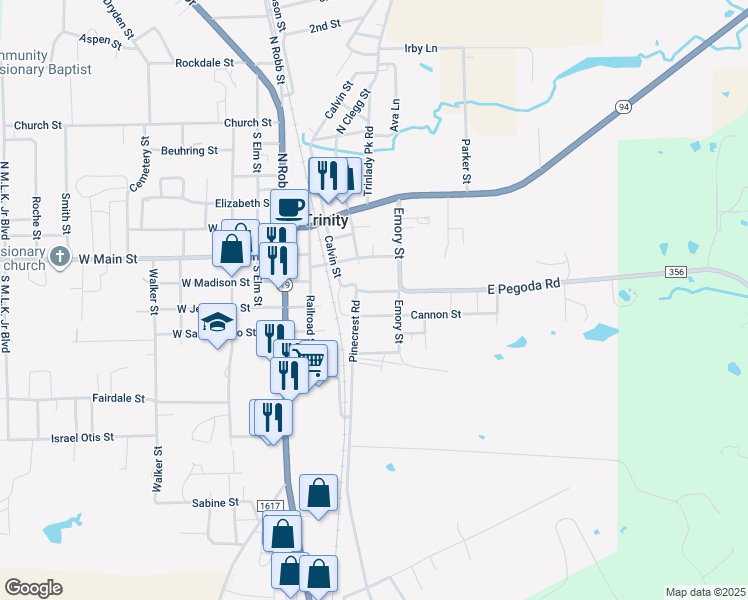map of restaurants, bars, coffee shops, grocery stores, and more near 109 Pegoda Road in Trinity