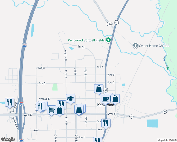 map of restaurants, bars, coffee shops, grocery stores, and more near 109 5th Street in Kentwood