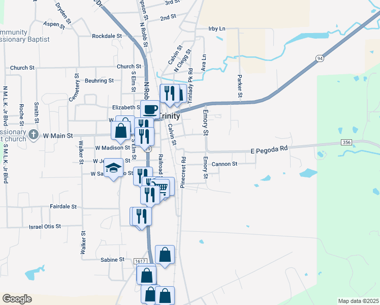 map of restaurants, bars, coffee shops, grocery stores, and more near 109 Pegoda Road in Trinity