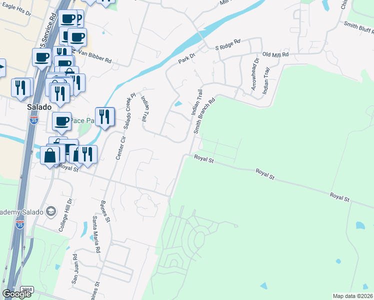 map of restaurants, bars, coffee shops, grocery stores, and more near 1121 Royal Street in Salado