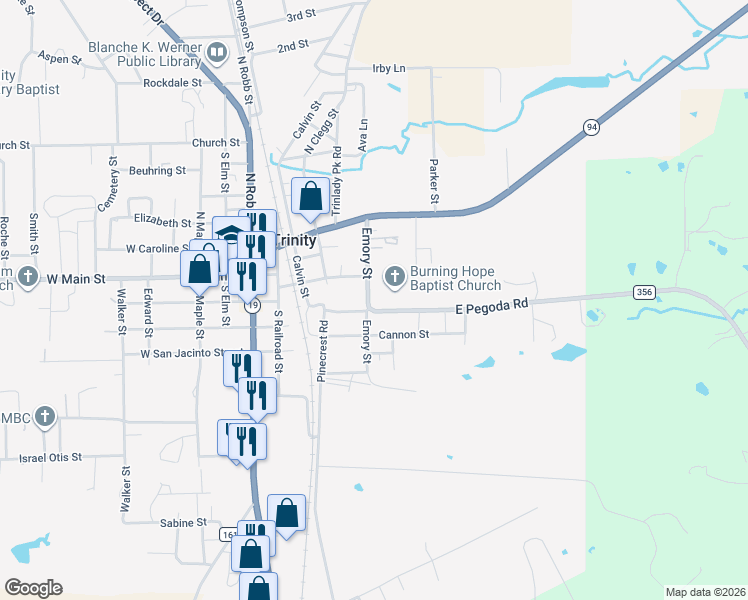 map of restaurants, bars, coffee shops, grocery stores, and more near 305 Pegoda Road in Trinity