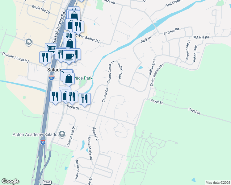 map of restaurants, bars, coffee shops, grocery stores, and more near 617 Indian Trail in Salado