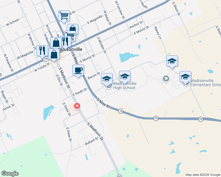 map of restaurants, bars, coffee shops, grocery stores, and more near 811a South May Street in Madisonville