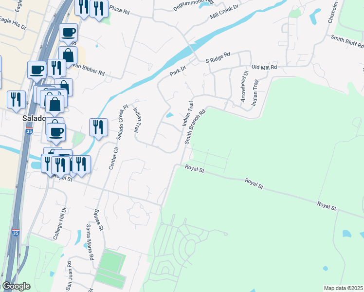 map of restaurants, bars, coffee shops, grocery stores, and more near 1107 Indian Trail in Salado
