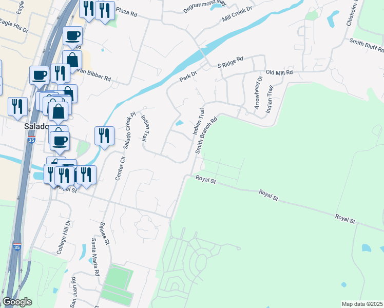 map of restaurants, bars, coffee shops, grocery stores, and more near 1107 Indian Trail in Salado