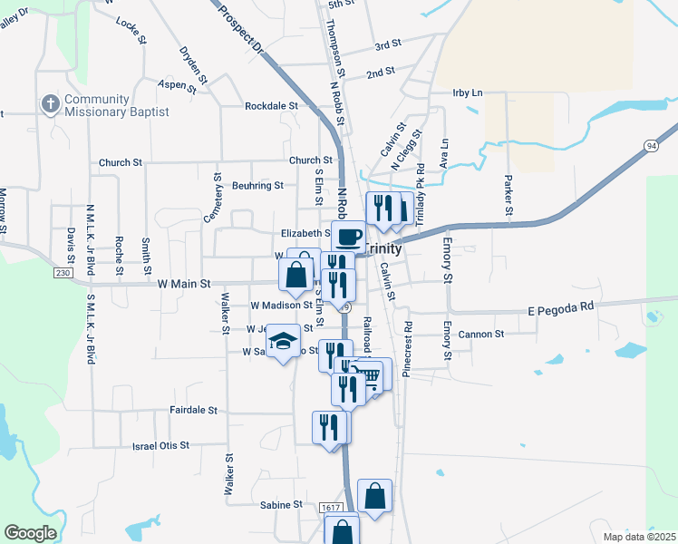 map of restaurants, bars, coffee shops, grocery stores, and more near 105 Farm to Market 230 in Trinity