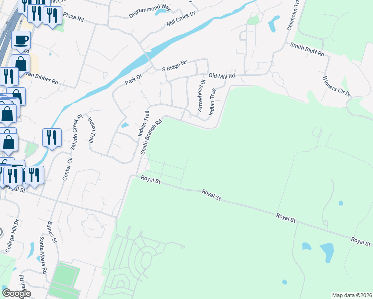 map of restaurants, bars, coffee shops, grocery stores, and more near 1207 Haley Lane in Salado
