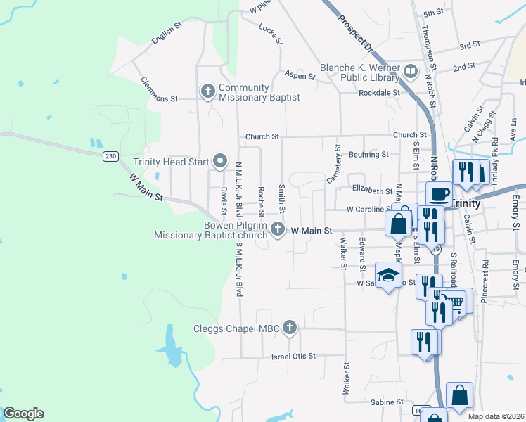 map of restaurants, bars, coffee shops, grocery stores, and more near 109 Tomme Street in Trinity