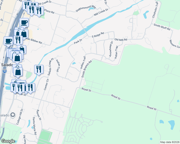 map of restaurants, bars, coffee shops, grocery stores, and more near 460 Smith Branch Road in Salado