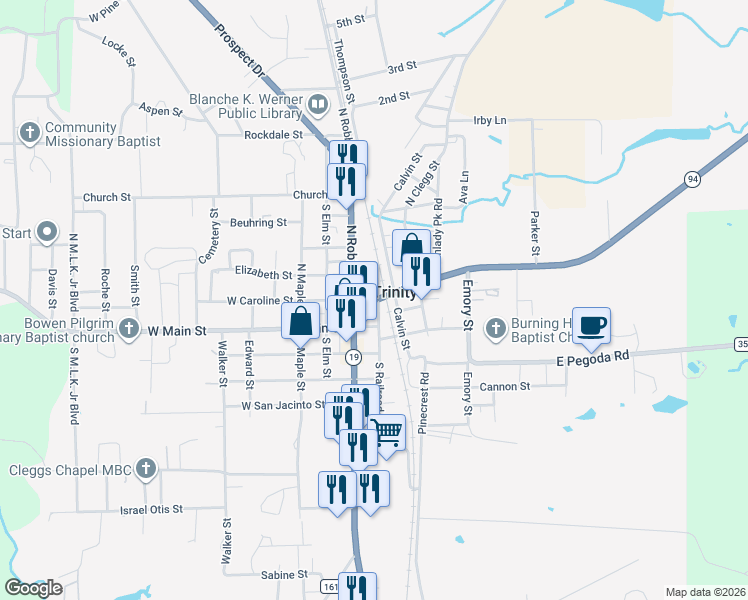 map of restaurants, bars, coffee shops, grocery stores, and more near 201 N Robb St in Trinity