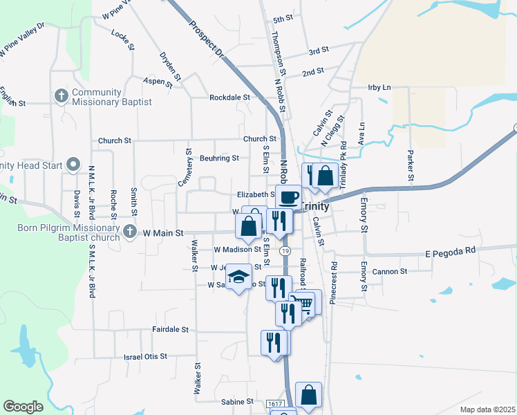 map of restaurants, bars, coffee shops, grocery stores, and more near 202 Maple Street in Trinity