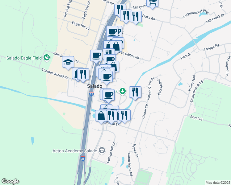 map of restaurants, bars, coffee shops, grocery stores, and more near Pace Park Road in Salado