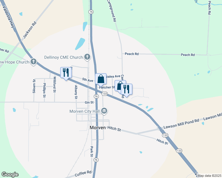 map of restaurants, bars, coffee shops, grocery stores, and more near 65 Raiford Street in Quitman