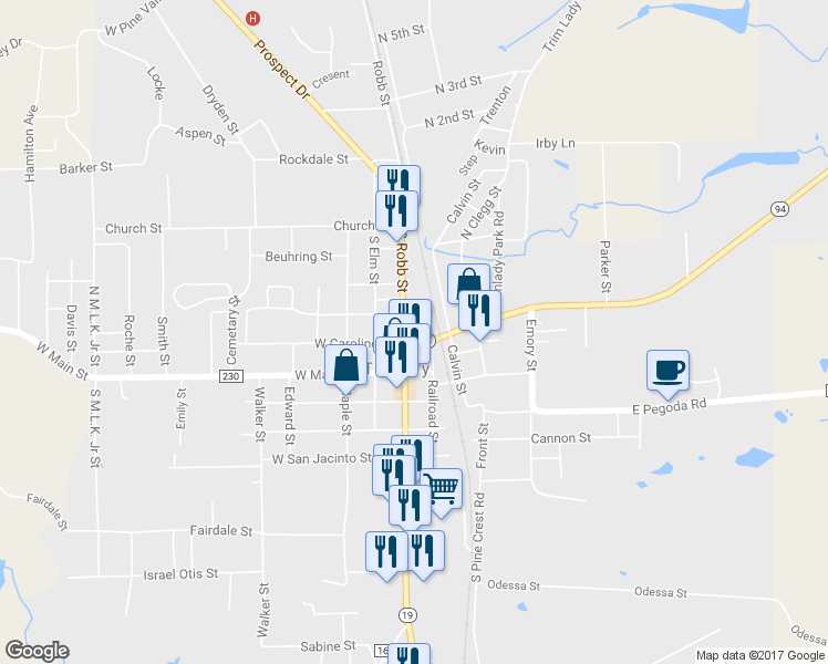map of restaurants, bars, coffee shops, grocery stores, and more near 201 N Robb St in Trinity
