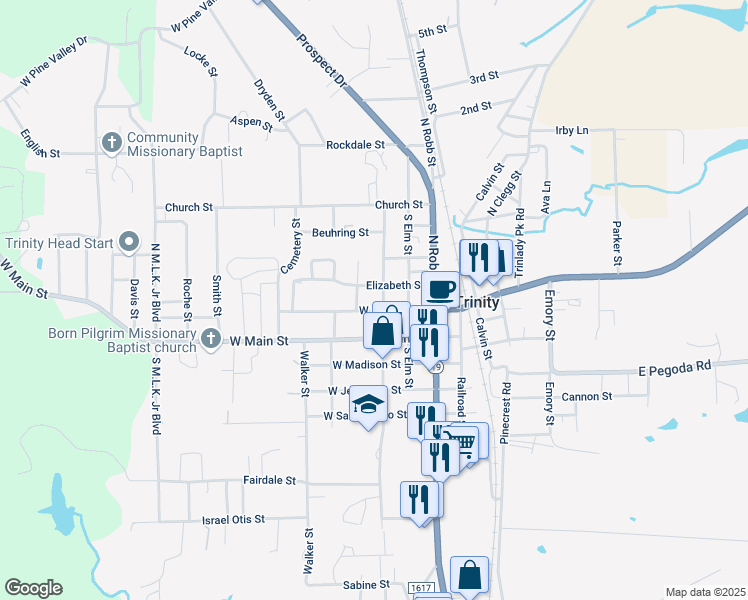 map of restaurants, bars, coffee shops, grocery stores, and more near 202 Maple Street in Trinity