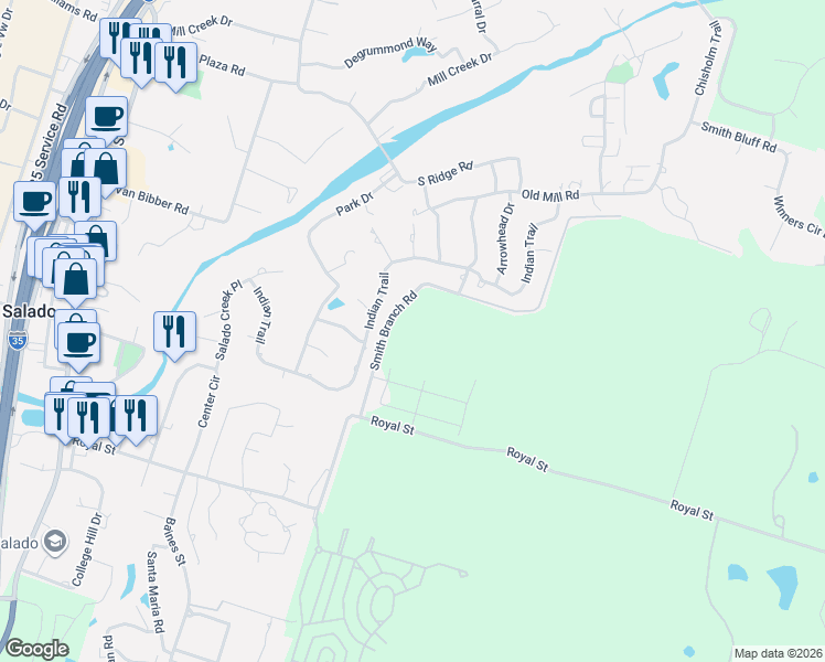 map of restaurants, bars, coffee shops, grocery stores, and more near 460 Smith Branch Road in Salado