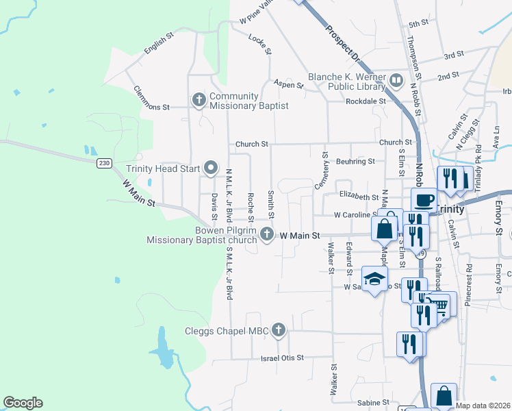 map of restaurants, bars, coffee shops, grocery stores, and more near 109 Tomme Street in Trinity