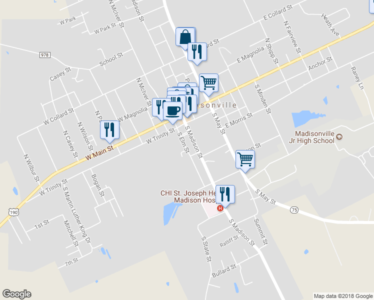 map of restaurants, bars, coffee shops, grocery stores, and more near South Elm Street in Madisonville
