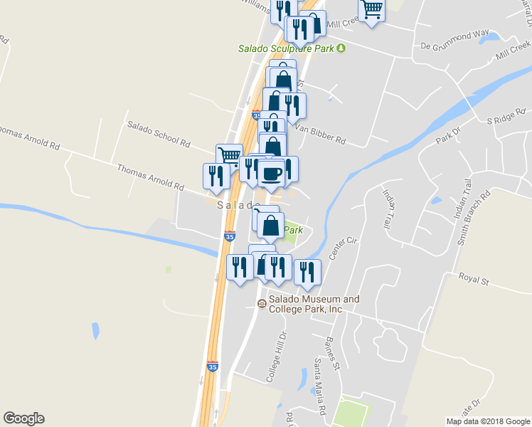 map of restaurants, bars, coffee shops, grocery stores, and more near Thomas Arnold Rd & N Main St in Salado