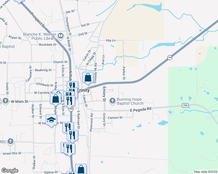 map of restaurants, bars, coffee shops, grocery stores, and more near Farm to Market 356 in Trinity