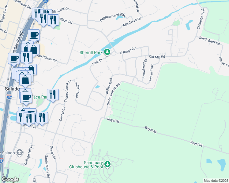 map of restaurants, bars, coffee shops, grocery stores, and more near 460 Smith Branch Road in Salado