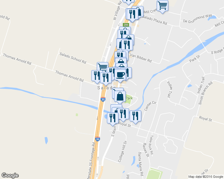 map of restaurants, bars, coffee shops, grocery stores, and more near Thomas Arnold Rd & Church St in Salado