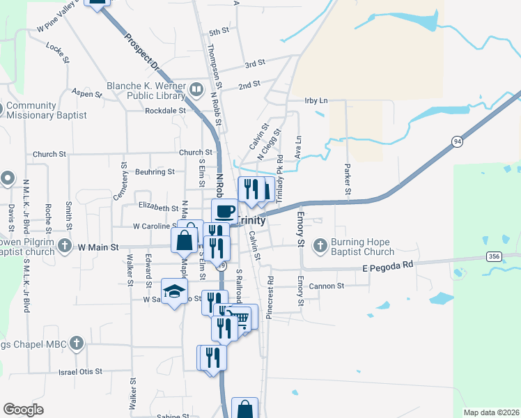 map of restaurants, bars, coffee shops, grocery stores, and more near 202 E Caroline St in Trinity