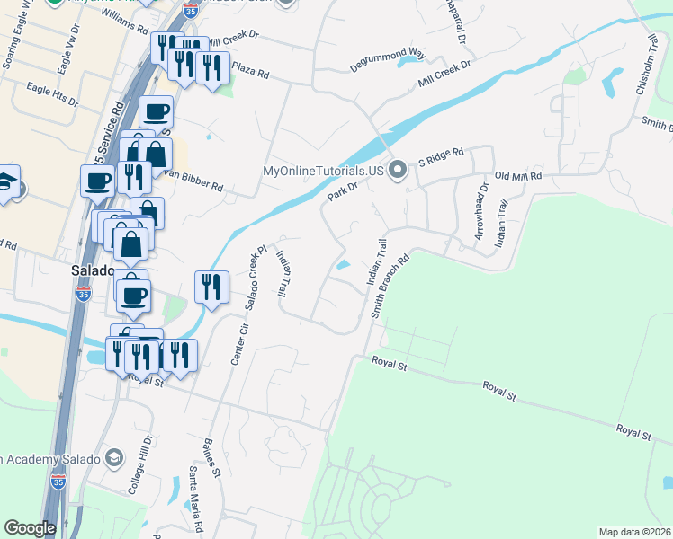 map of restaurants, bars, coffee shops, grocery stores, and more near 806 Hillcrest Drive in Salado