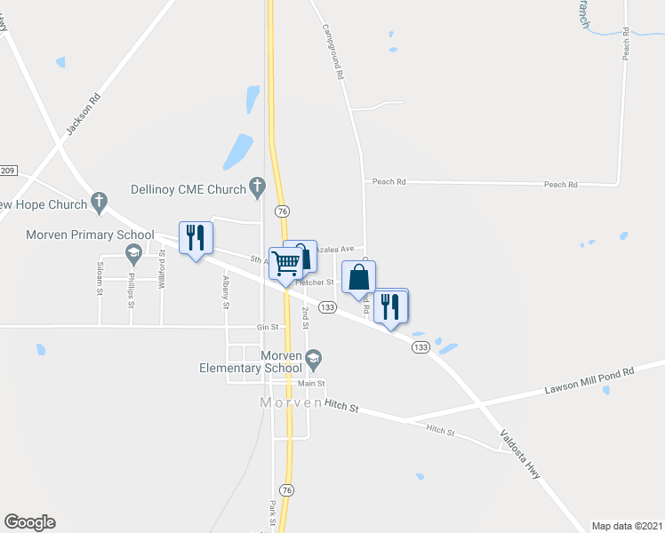 map of restaurants, bars, coffee shops, grocery stores, and more near 65 Raiford Street in Quitman
