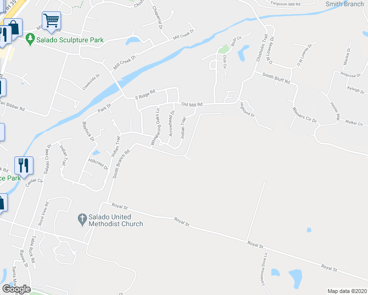 map of restaurants, bars, coffee shops, grocery stores, and more near 2001 Indian Trail in Salado